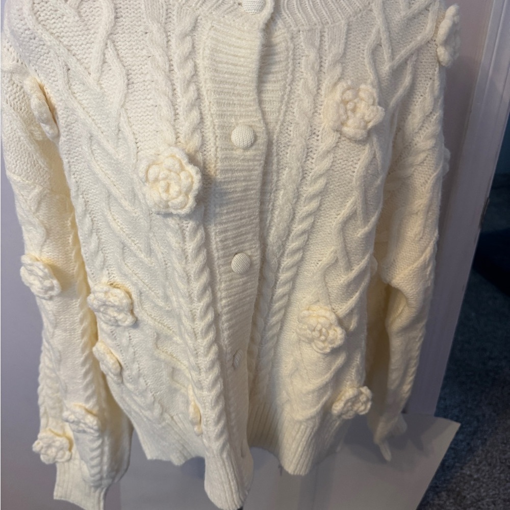 Jacqui E Cream Floral Cable Knit Cardigan Large New With Tag